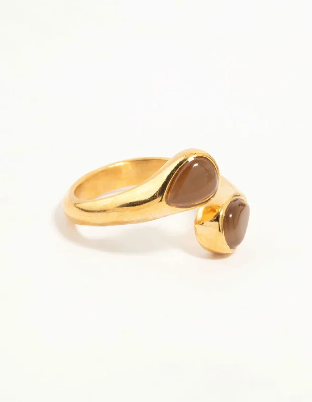 Custom Gold Wedding Rings-Waterproof Gold Plated Stainless Steel Double Pear Stone Ring