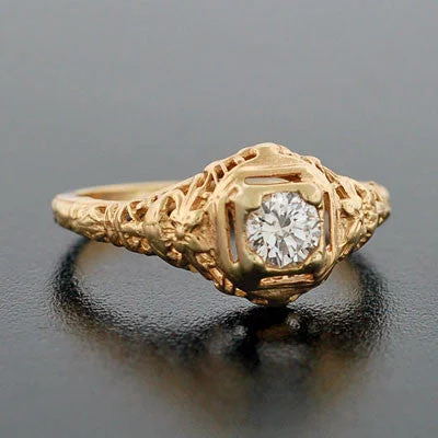 Minimalist Silver Rings-Art Deco 14kt Yellow Gold Diamond Engagement Ring .35ct