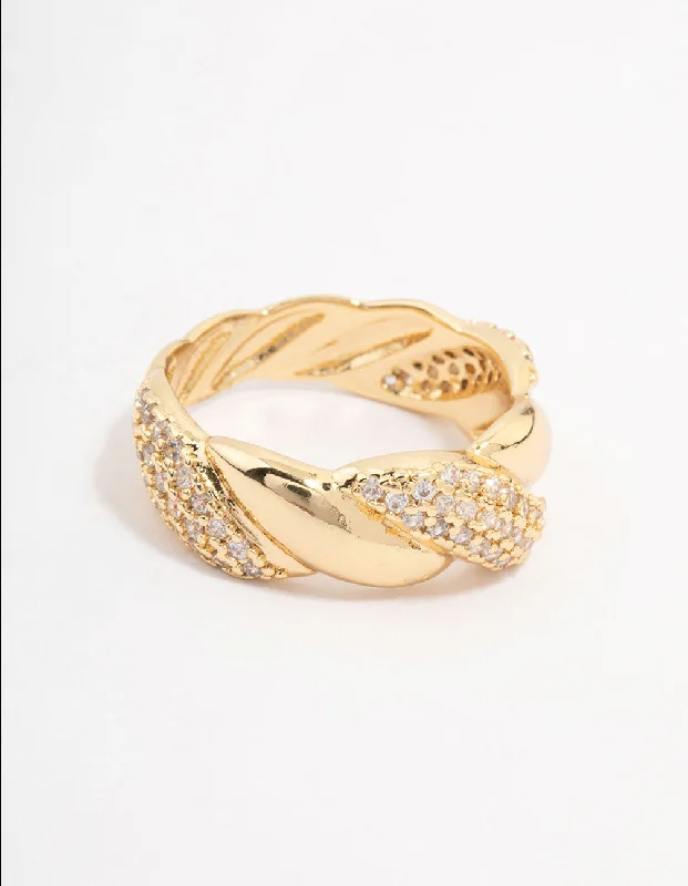 Sterling Silver Rings for Women-Gold Plated Cubic Zirconia Braided Ring