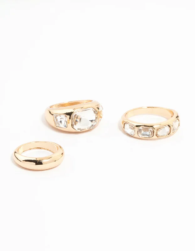 Vintage Platinum Wedding Rings-Gold Diamante Dome Stacking Rings 3-Pack