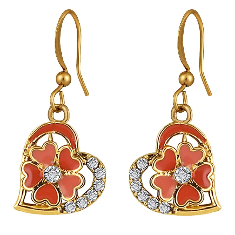 Designer Crystal Earrings-Mahi Gold Plated Orange Meenakari Work and Crystals Floral Heart Earrings for Women (ER1109858GOrg)