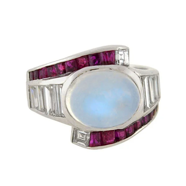 White Gold Engagement Rings-Retro Platinum Moonstone, Diamond & Ruby Ring