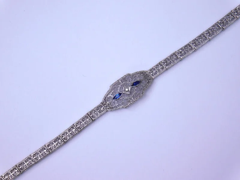 Boho Chic Bracelets-14K ART DECO BRACELET WITH DIAMOND AND BLUE GLASS