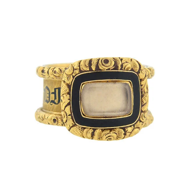 Luxury Platinum Engagement Rings-Georgian 18kt Enameled Glass Window Repousse Mourning Ring