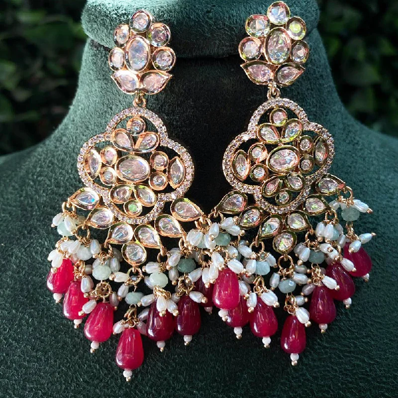 Custom Birthstone Earrings-Royal Kundan Jewellery Gold Plated Polki Kundan And Pearls Dangler Earrings