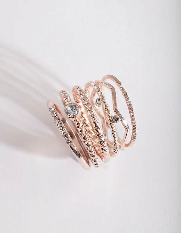 Rose Gold Promise Rings-Rose Gold Diamante Band 6-Pack