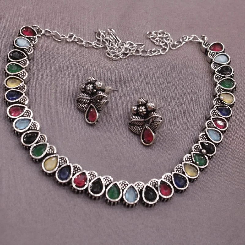 Luxury Choker Necklaces-Akruti Collection Oxidised Plated Pota Stone Necklace Set