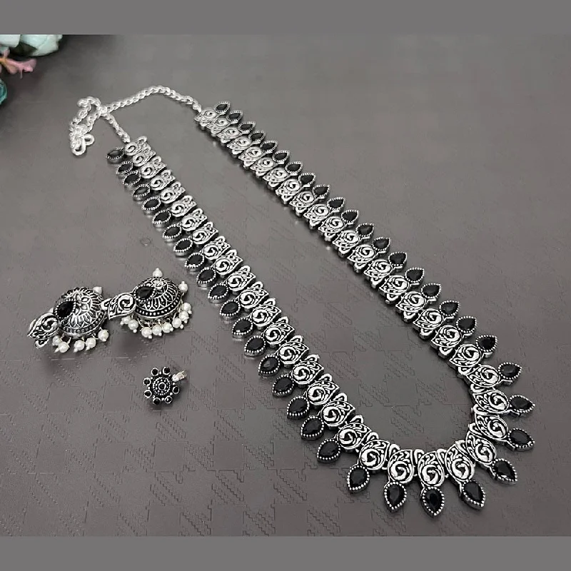 Long Pendant Necklaces-Akruti Collection Oxidised Plated Long Necklace Set With Nose Pin