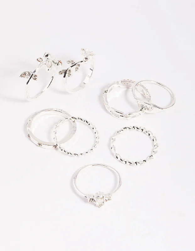 Stackable Diamond Rings-Silver Leaves Ring Stack 8-Pack