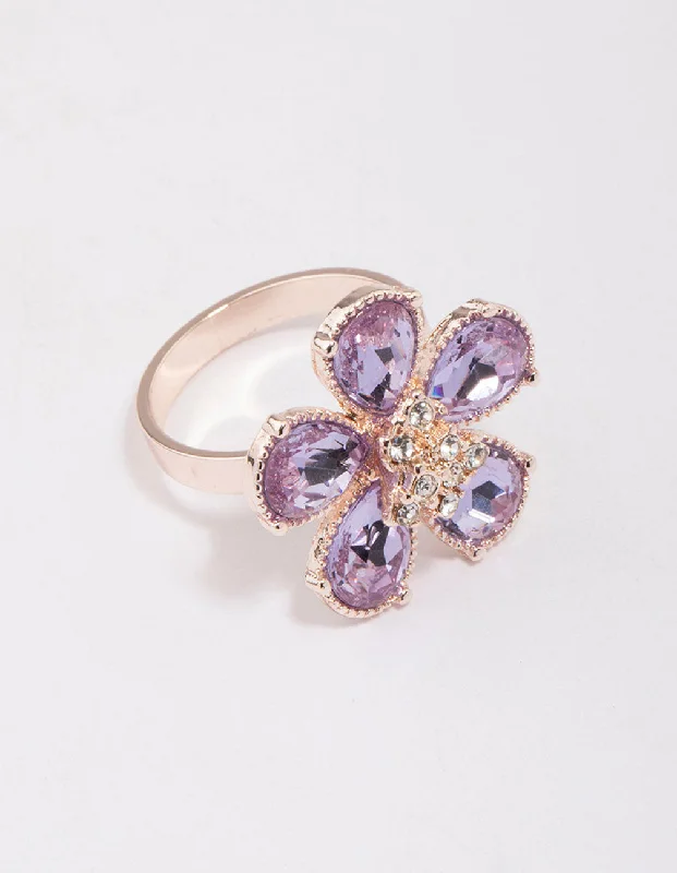 Custom Oval Diamond Rings-Rose Gold Lilac Flower Petal Ring