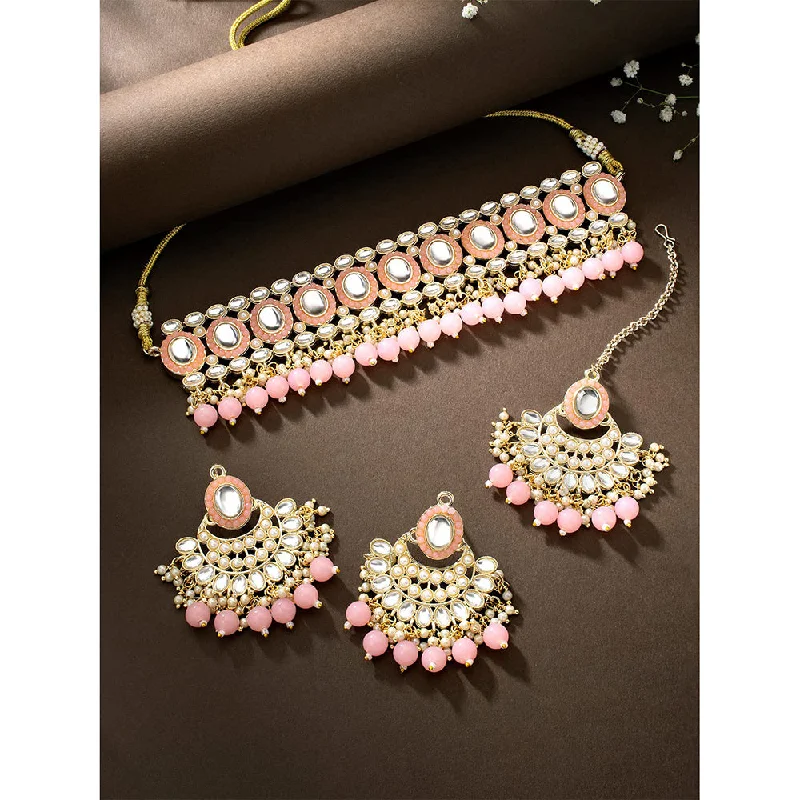 Trendy Silver Necklaces-Etnico Gold Plated Traditional Kundan Choker Necklace Set Gift for Women & Girls(K7228Pi)