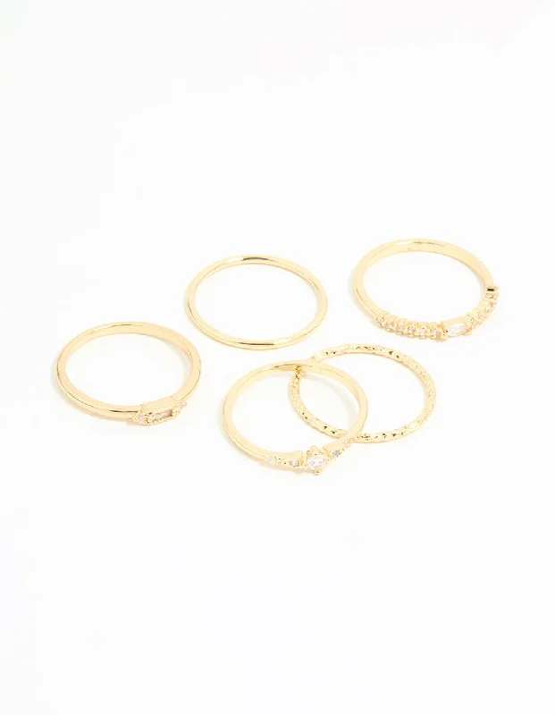 Simple Gold Rings for Women-Gold Plated Cubic Zirconia & Plain Rings 5-Pack