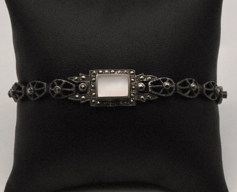 Elegant Multi-Strand Bracelets-Vintage Sterling Silver Mother of Pearl and Marcasite Bracelet