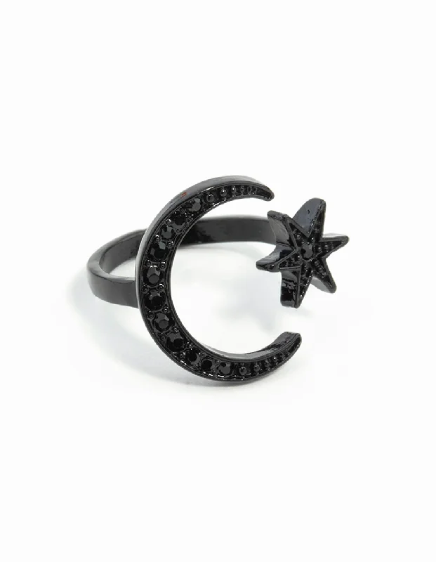 Classic Silver Rings-Black Star Moon Ring