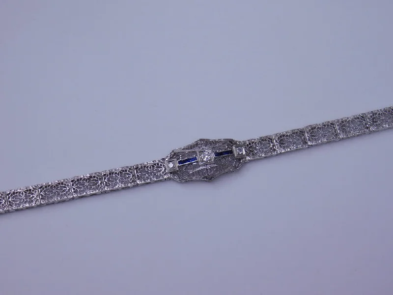 Unique Leather Bracelets-14K ART DECO DIAMOND AND BLUE STONE BRACELET