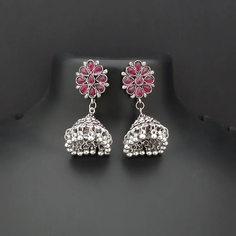 Bright Gemstone Earrings-Jinu Arts Oxidised Plated Pink Kundan Jhumki Earrings