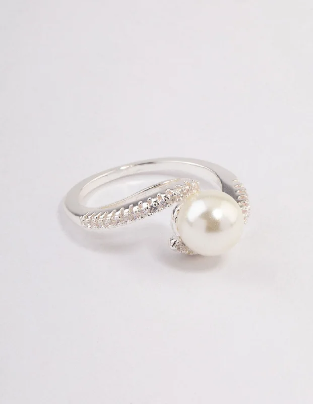 Elegant Rose Gold Rings-Silver Plated Wrapped Pearl Ring