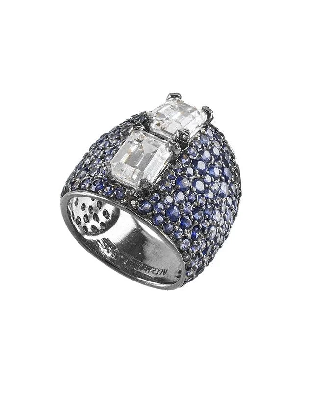 Handcrafted Engagement Rings-Blue Sapphire CZ Pave Cigar Band