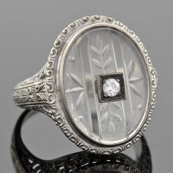 Custom Engagement Rings-Art Deco 18kt Rock Quartz Crystal & Diamond Filigree Ring