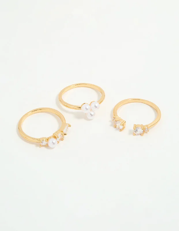 Luxury Diamond Rings-Gold Plated Cubic Zirconia & Pearl Rings 3-Pack