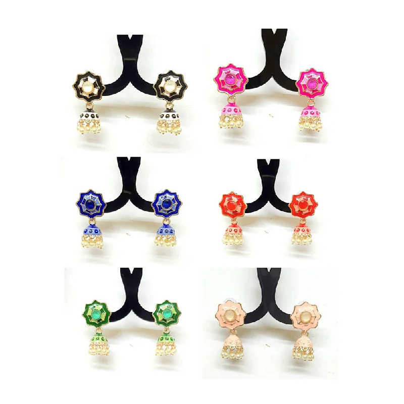 Colorful Dangle Earrings-Veekee Fashion Pack of 12 Multi Colors Rose Gold Plated Meenakari Small Jhumki Earrings