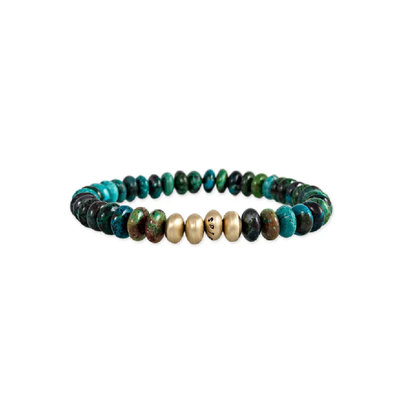 Chunky Gemstone Bracelets-4 SATIN GOLD BEADS + CHRYSOCOLLA BEADED STRETCH BRACELET