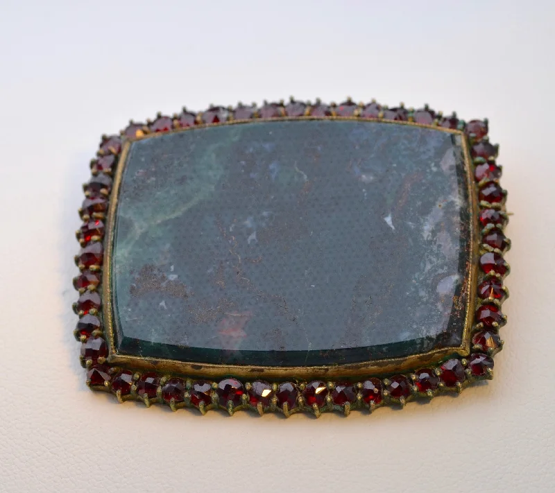 Custom Diamond Brooch for Women-Large Bohemian Garnet Brooch with deep green Moss Agate