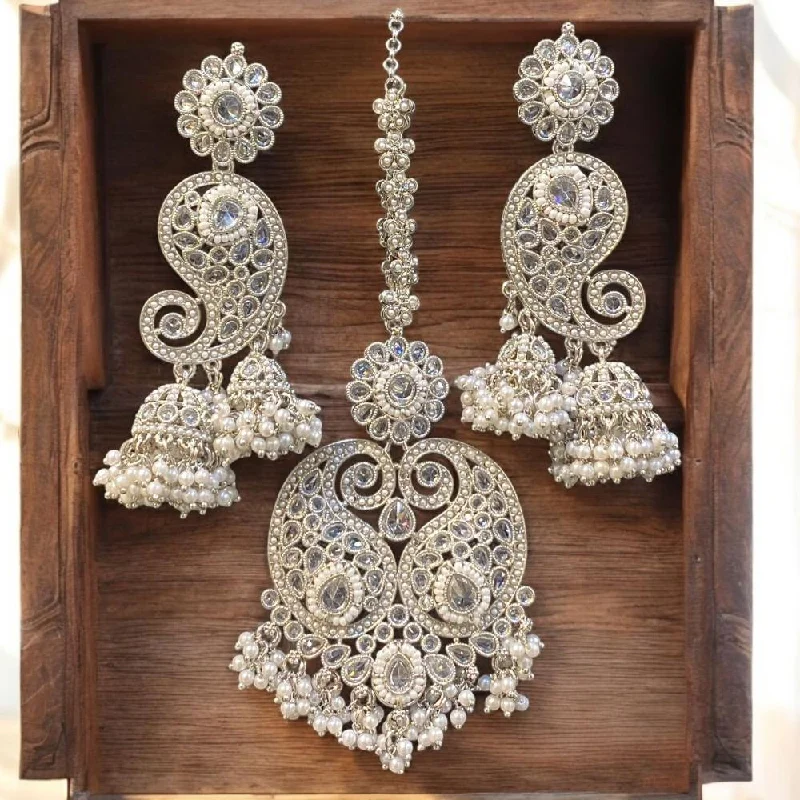 Natural Stone Earrings-Hira Collections Silver Plated Crystal Stone And Pearls Jhumki Earrings With Maangtikka