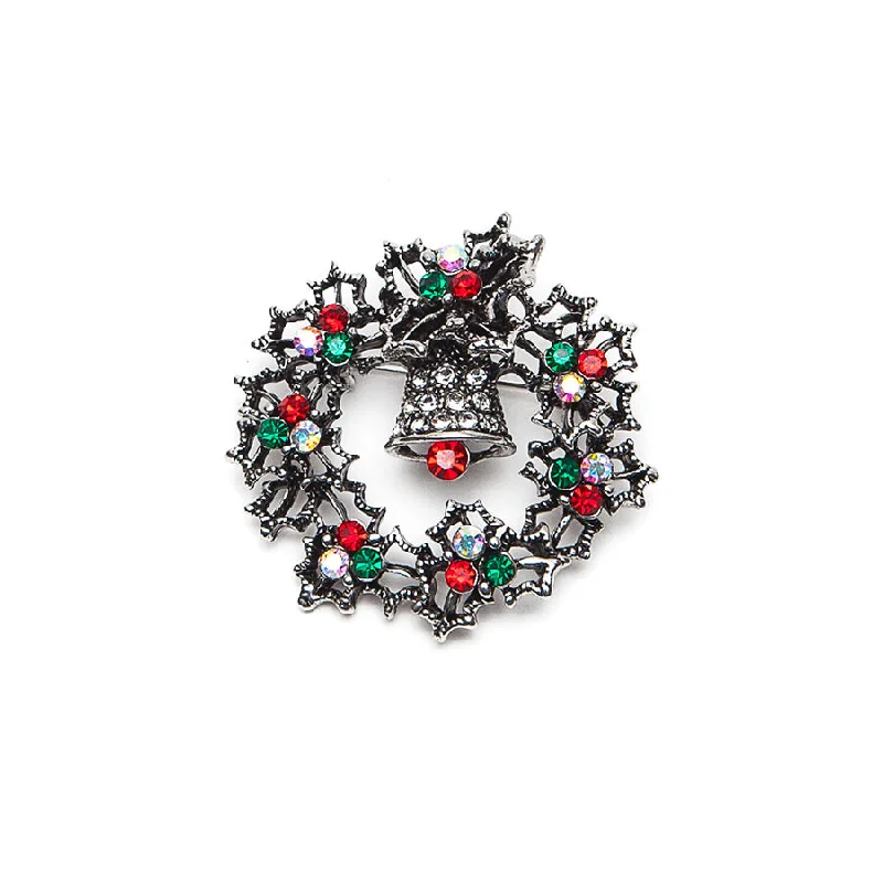 Handmade Crystal Brooch for Weddings-Christmas Wreath Brooch with Red and Green Crystals