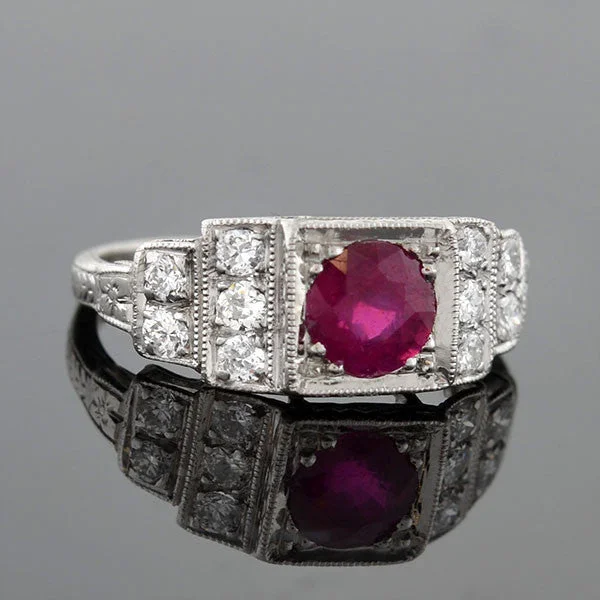 Unique Men's Wedding Bands-Art Deco Platinum Ruby & Diamond Step Up Ring 1.00ct