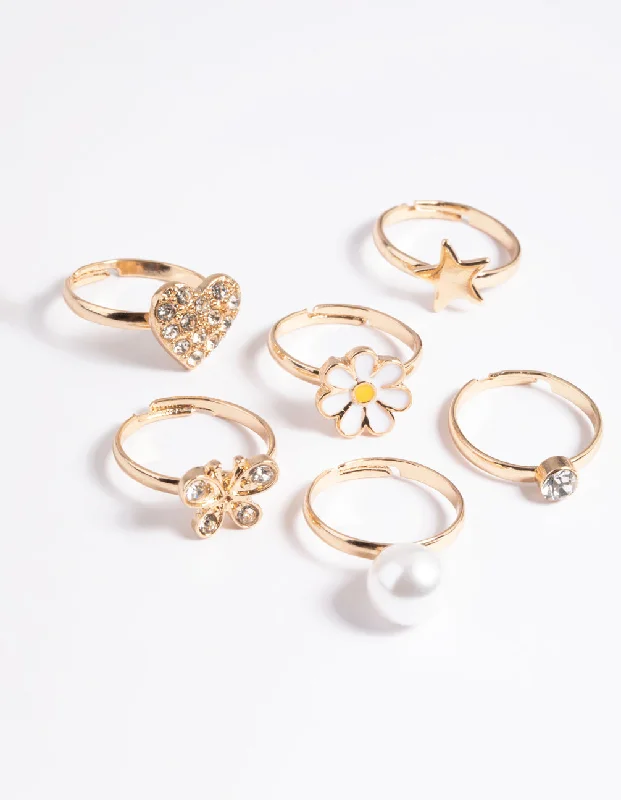 Vintage Gold Rings-Kids Diamante & Daisy Ring 6-Pack