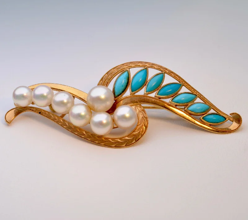 Designer Gold Brooch for Weddings-18K Cultured Pearl and Turquoise Brooch