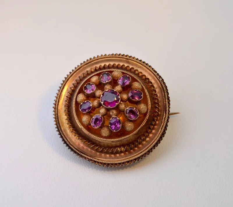 Custom Brooch with Birthstone Accents-Etrucscan-Revival Pin with Rhodolite Garnets