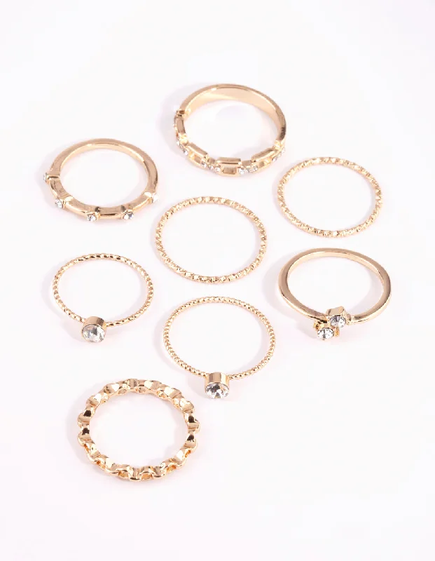 Gold Band Rings-Gold & Diamante Chain Ring Pack