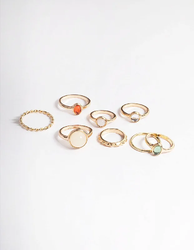 Bohemian Style Rings-Gold Natural Stone Mixed Ring Pack