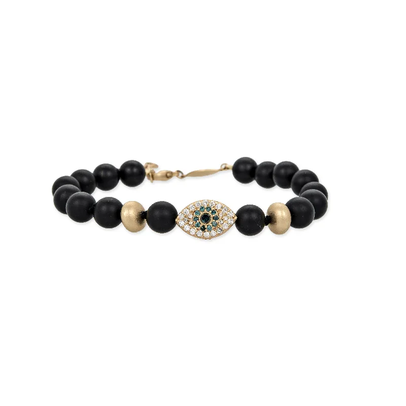 Trendy Stackable Bracelets-PAVE EYE AND SCARAB BEAD + GOLD AND BLACK HEMATITE BEADED STRETCH BRACELET