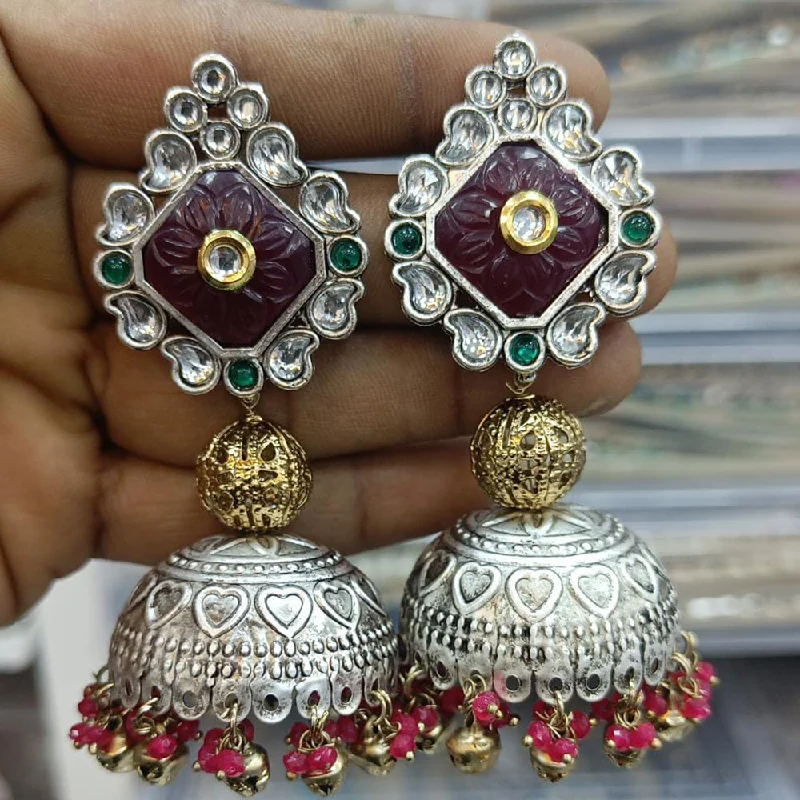 Classic Silver Earrings-Rani Sati Jewels 2 Tone Kundan Stone And Pearls Jhumki Earrings