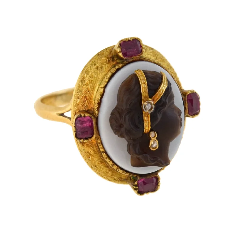 Luxury Engagement Rings for Women-Victorian 14k Ruby and Diamond Cameo Ring