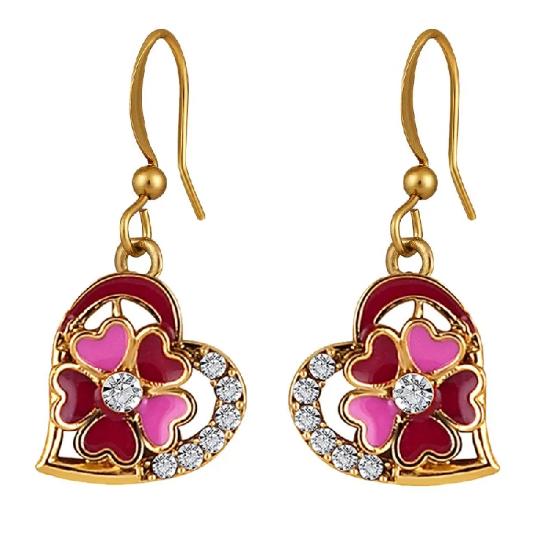 Unique Dangle Earrings-Mahi Gold Plated Pink and Maroon Meenakari Work and Crystals Floral Heart Earrings for Women (ER1109857GPinMar)