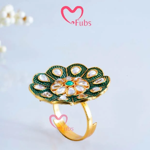 Large Statement Diamond Rings-Pearlescent Kundan Flower Ring