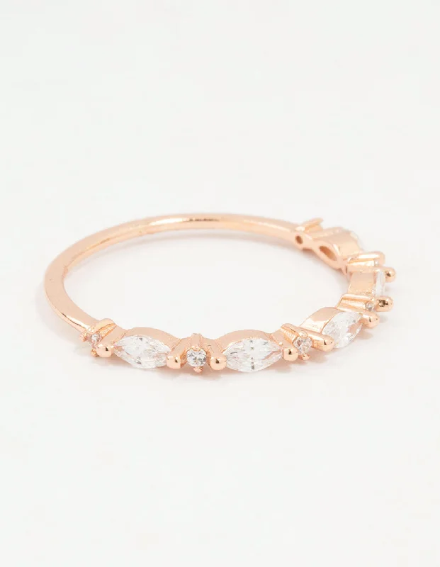 Stylish Gemstone Rings-Rose Gold Plated Sterling Silver Alternating Marquise Round Cubic Zirconia Ring