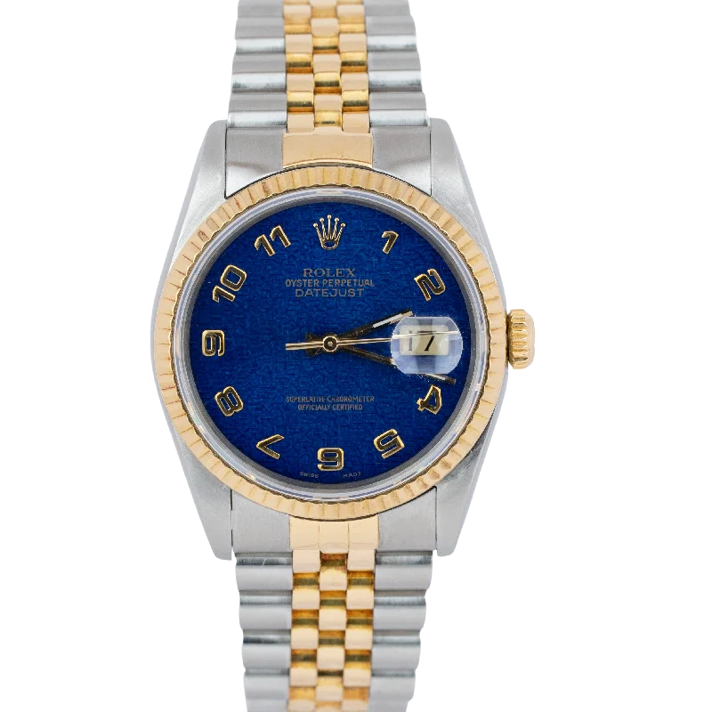 Luxury Watches for Men-RARE Rolex DateJust 36mm BLUE ARABIC JUBILEE 18K Yellow Gold Steel Watch 16233