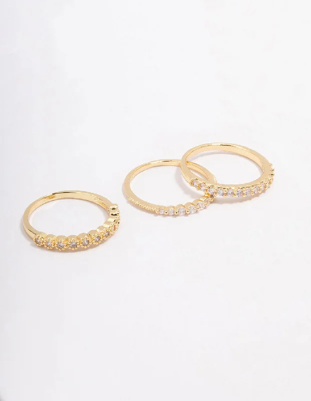 Classic Gemstone Engagement Rings-Gold Plated Cubic Zirconia Round Triple Stacking Ring