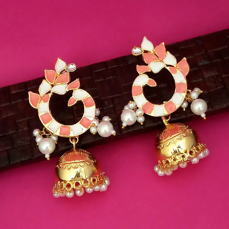 Unique Boho Earrings-Kriaa Peach Meenakari Peacock Design Jhumka Earrings