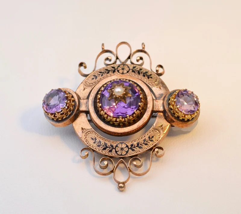 Custom Pearl Brooch-Antique 18K Rose Gold Victorian Brooch with Amethysts and Seed Pearl