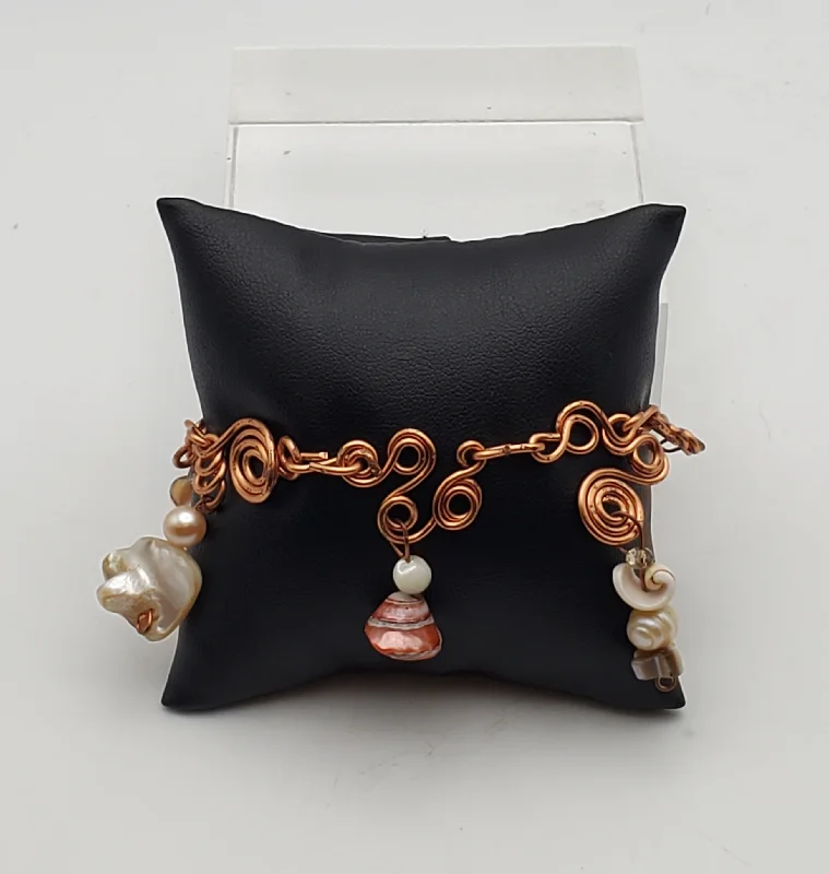 Simple Leather Cuff Bracelets-Vintage Bent Wire Copper Shell and Pearl Bracelet - 7.5"