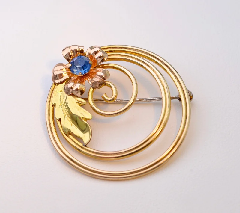 Simple Vintage Brooch for Casual Wear-12K Gold-filled Two-Tone Yellow and Pink Gold Floral Sapphire Brooch