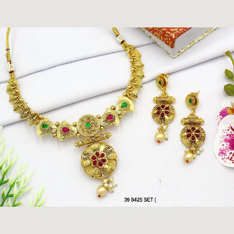 Handcrafted Silver Necklaces-Mahavir Gold Plated Pota Stone Necklace Set