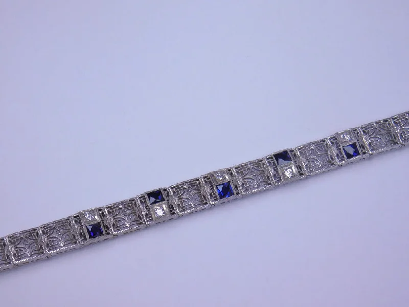 Luxury Gold Bracelets-14K ART DECO DIAMOND AND BLUE STONE BRACELET