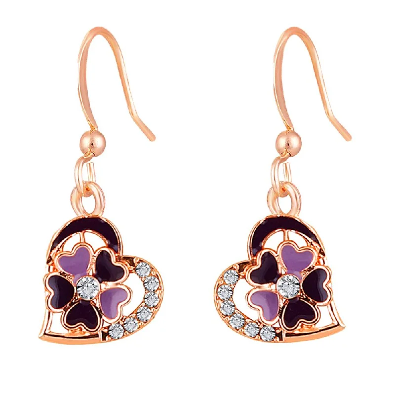 Elegant Round Earrings-Mahi Rose Gold Plated Purple Meenakari Work and Crystals Floral Heart Earrings for Women (ER1109854ZPur)